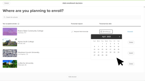 A student's "Add enrollment page" in Xello. The cursor is choosing a due date for the transcript